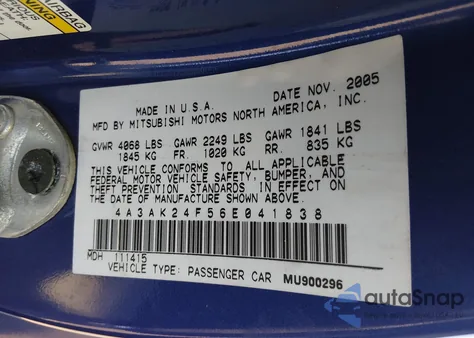 2006 Mitsubishi Eclipse Gs z USA, uszkodzony, nr VIN 4A3AK24F56E041838